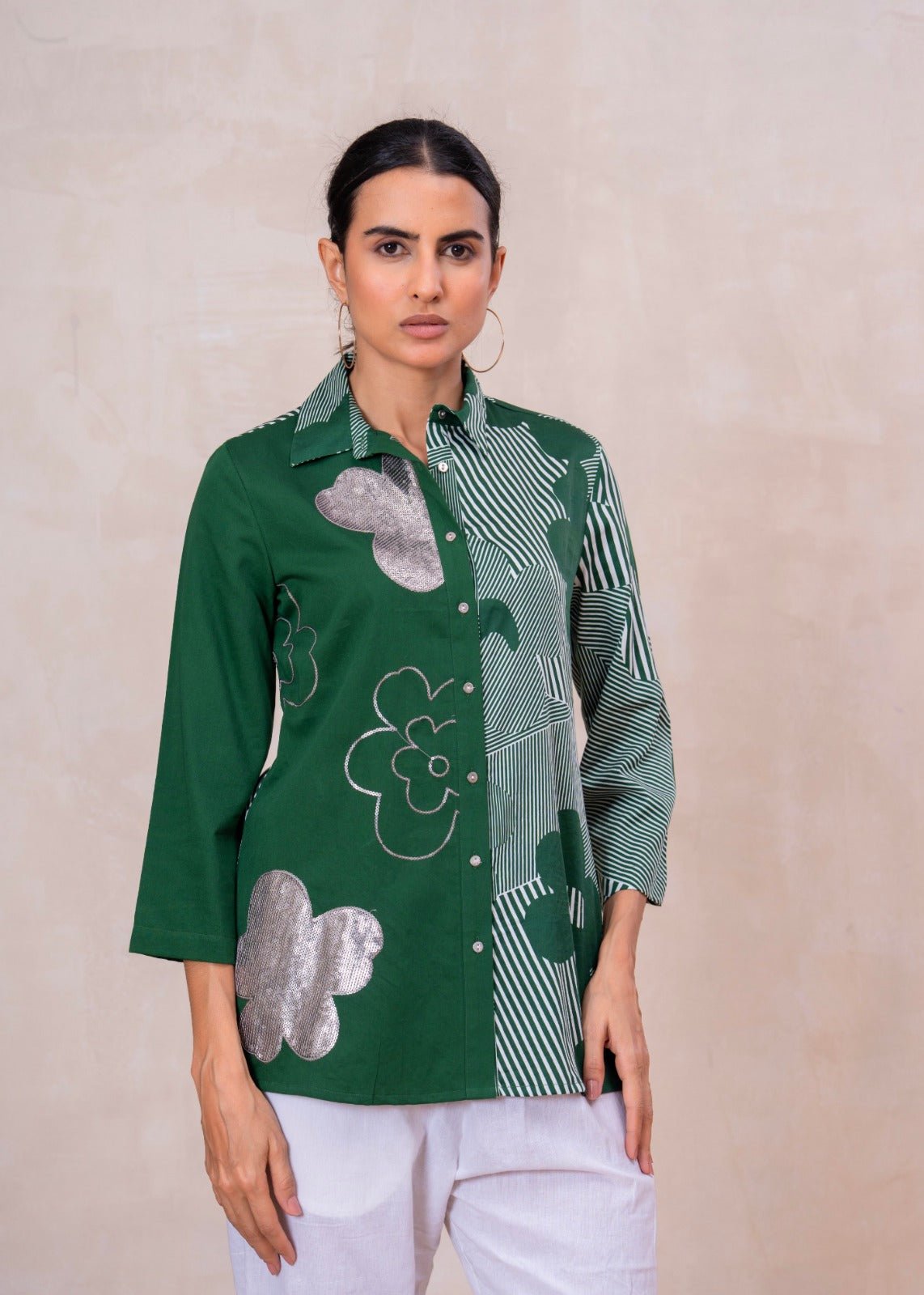 Elegant Forest Green Cotton Embroidered Collar Shirt