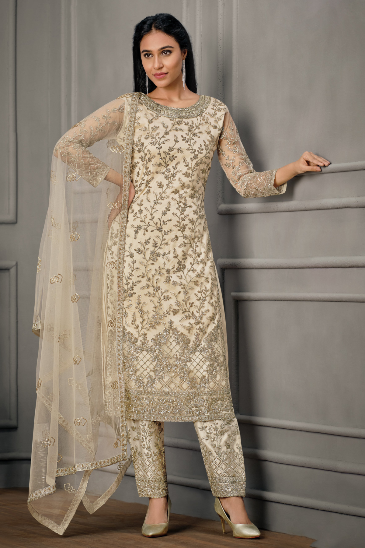 Wedding Salwar in Off-White Satin for Elegant Events