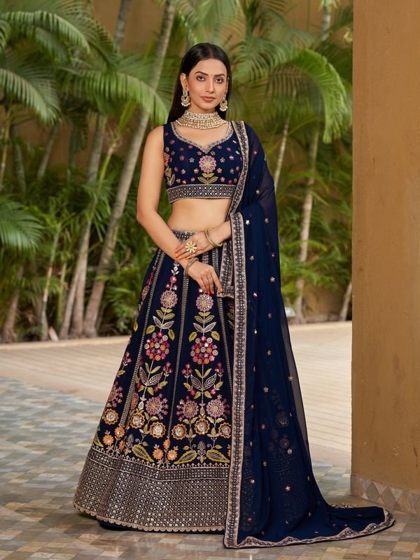 Navy Blue Lehenga Choli For Women Or Girls Embroidery , Sequence Work With Digital Print Lehenga