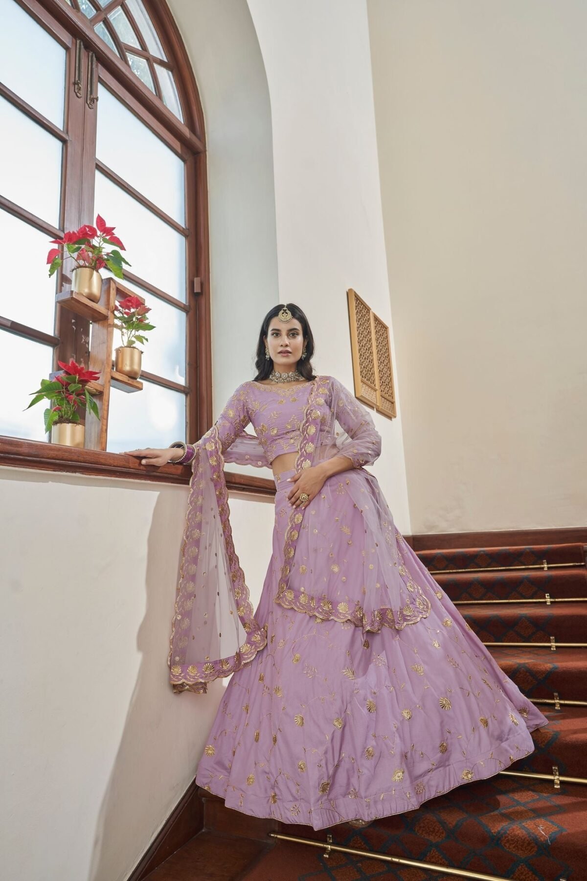 Lavender  Zari & Sequins Embroidery Work   Lehenga Choli With Butterfly Net   Dupatta