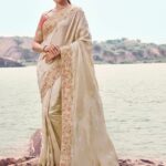 Light Beige Premium Satin Silk Saree With Blouse Piece