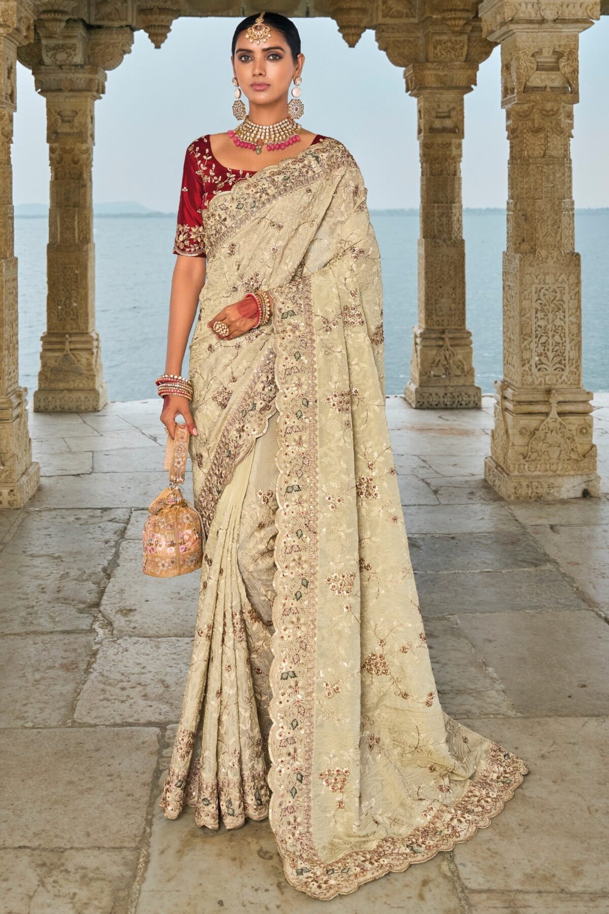 Parchment Beige Wedding Designer Saree