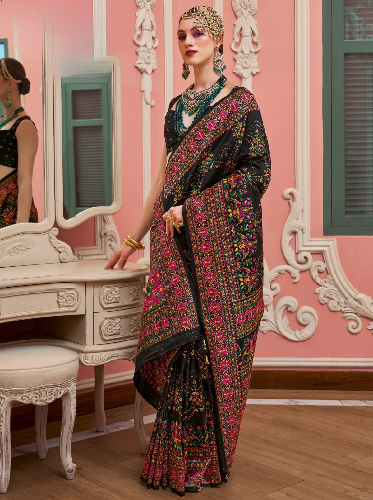 Black Banarasi Silk Saree With Kashmiri Work