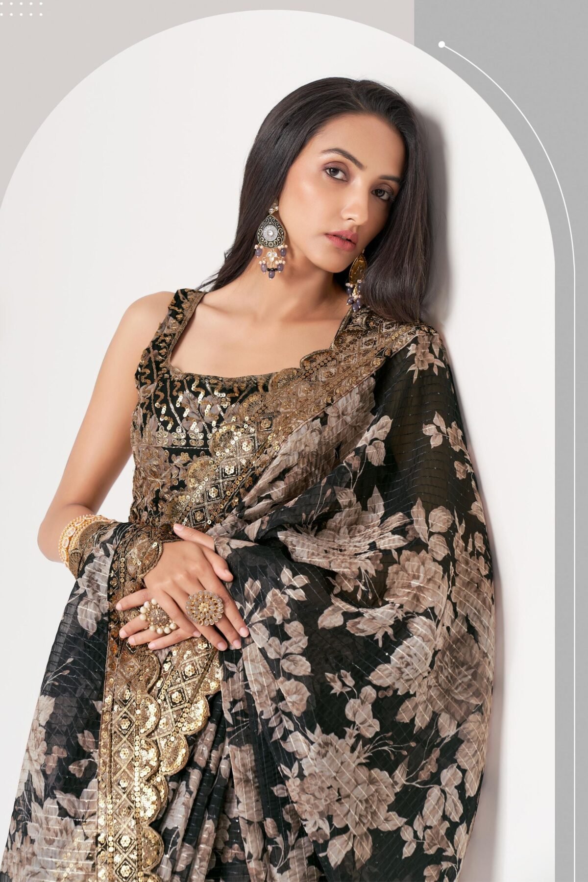 Black Organza Digital Silk Sequin Saree