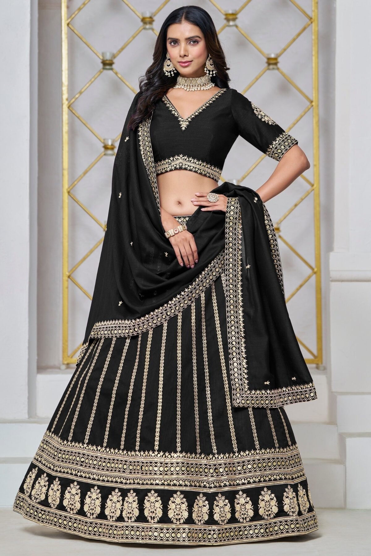 Black Party Lehenga Set With Gold Thread Embroidery