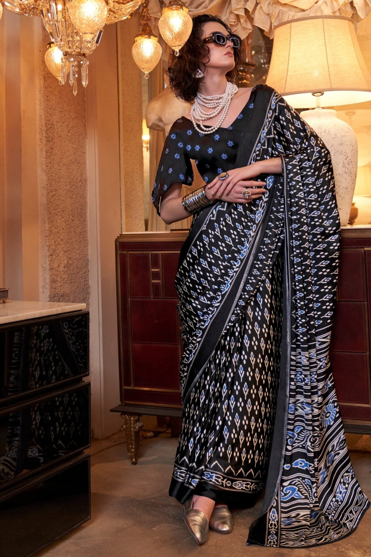 Charcoal Black Satin Crepe Patola Party Saree