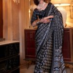 Charcoal Black Satin Crepe Patola Party Saree