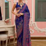 Navy Blue Banarasi Silk Saree With Kashmiri Work
