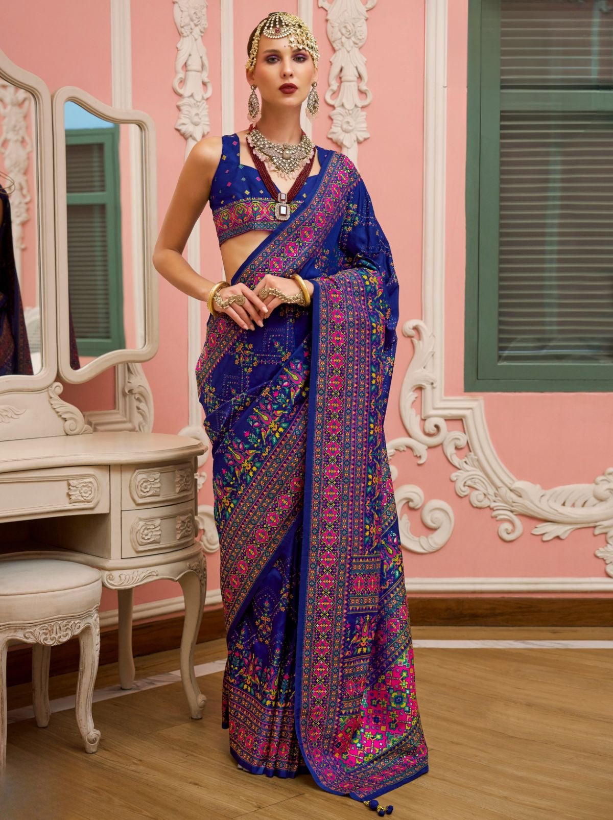 Navy Blue Banarasi Silk Saree With Kashmiri Work