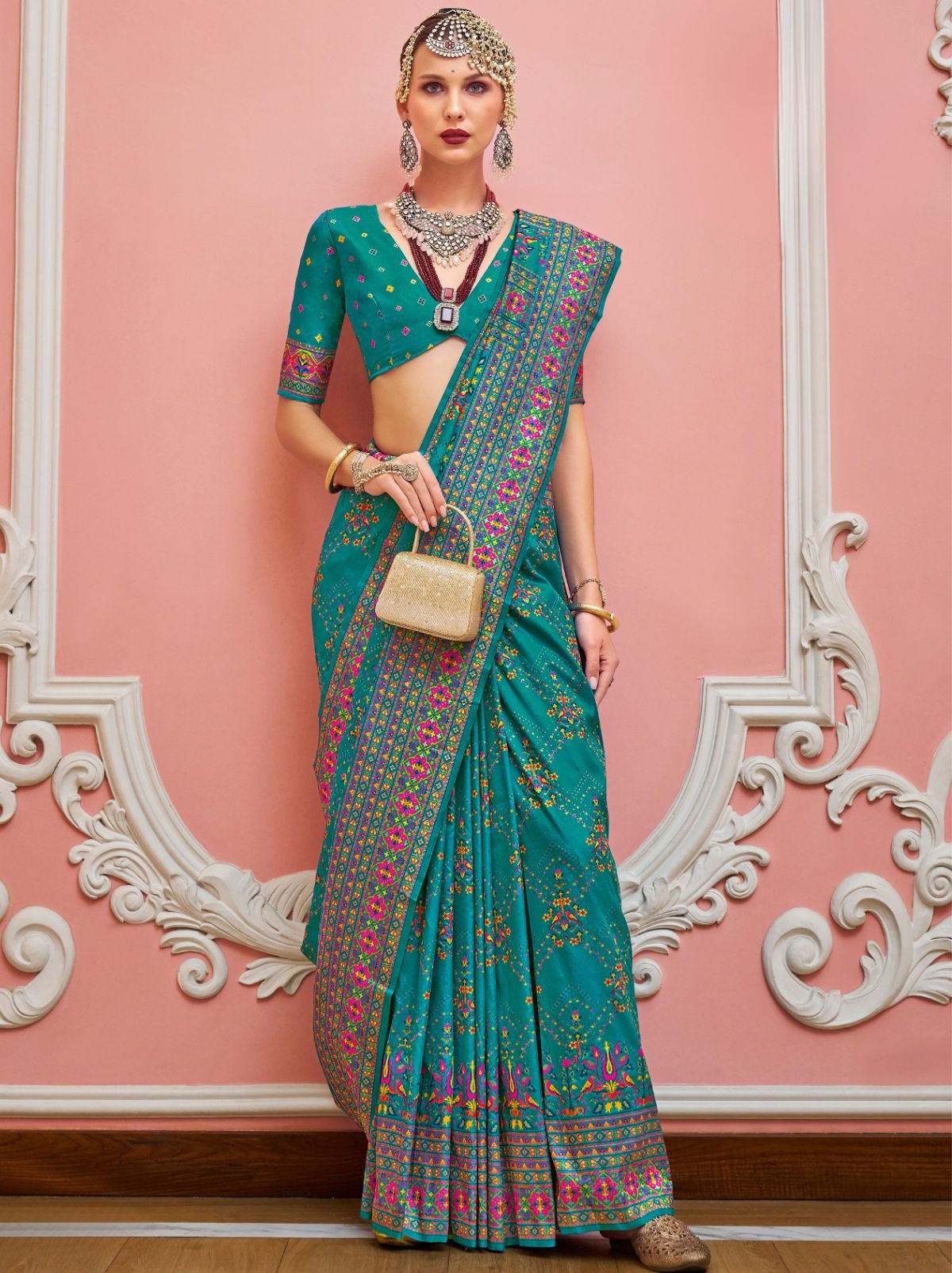 Teal Blue Banarasi Silk Saree With Kashmiri Work
