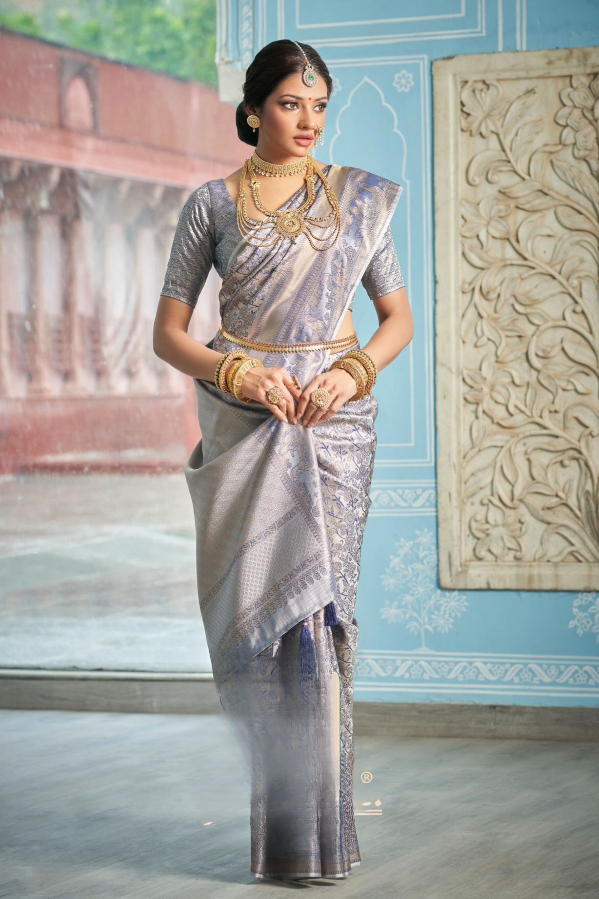 Steel Grey Banarasi Silk Wedding Saree With Blouse Piece