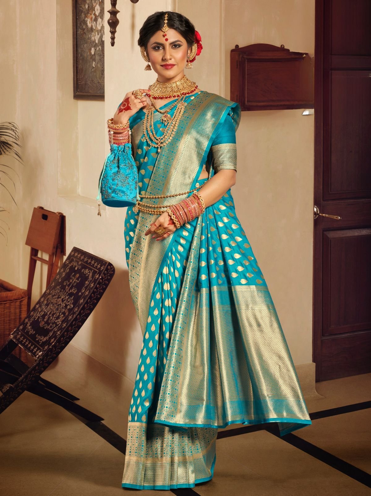 Olympic Blue Premium Banarasi Designer Saree