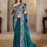 Teal Blue Crush Satin Silk Saree With Pearl Work
