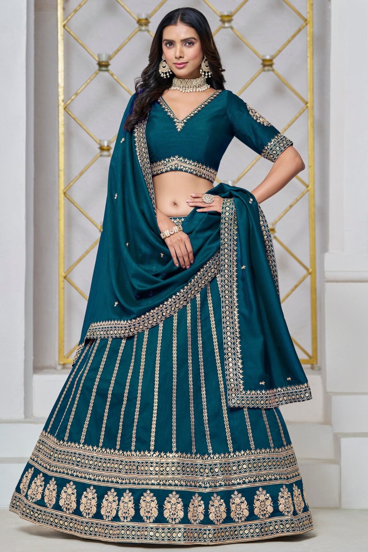 Prussian Blue Party Lehenga Set With Gold Thread Embroidery