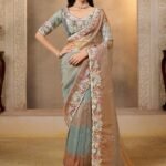 Sky Blue Organza Satin Wedding Saree With Blouse Piece