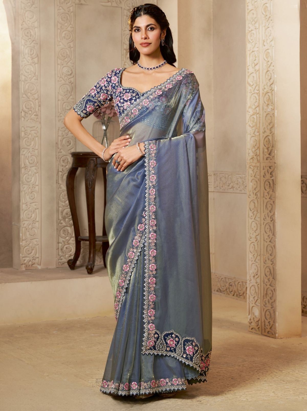 Pigeon Blue Organza Satin Wedding Saree With Blouse Piece