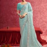 Tiffany Blue Premium Fancy Saree With Sequin Work