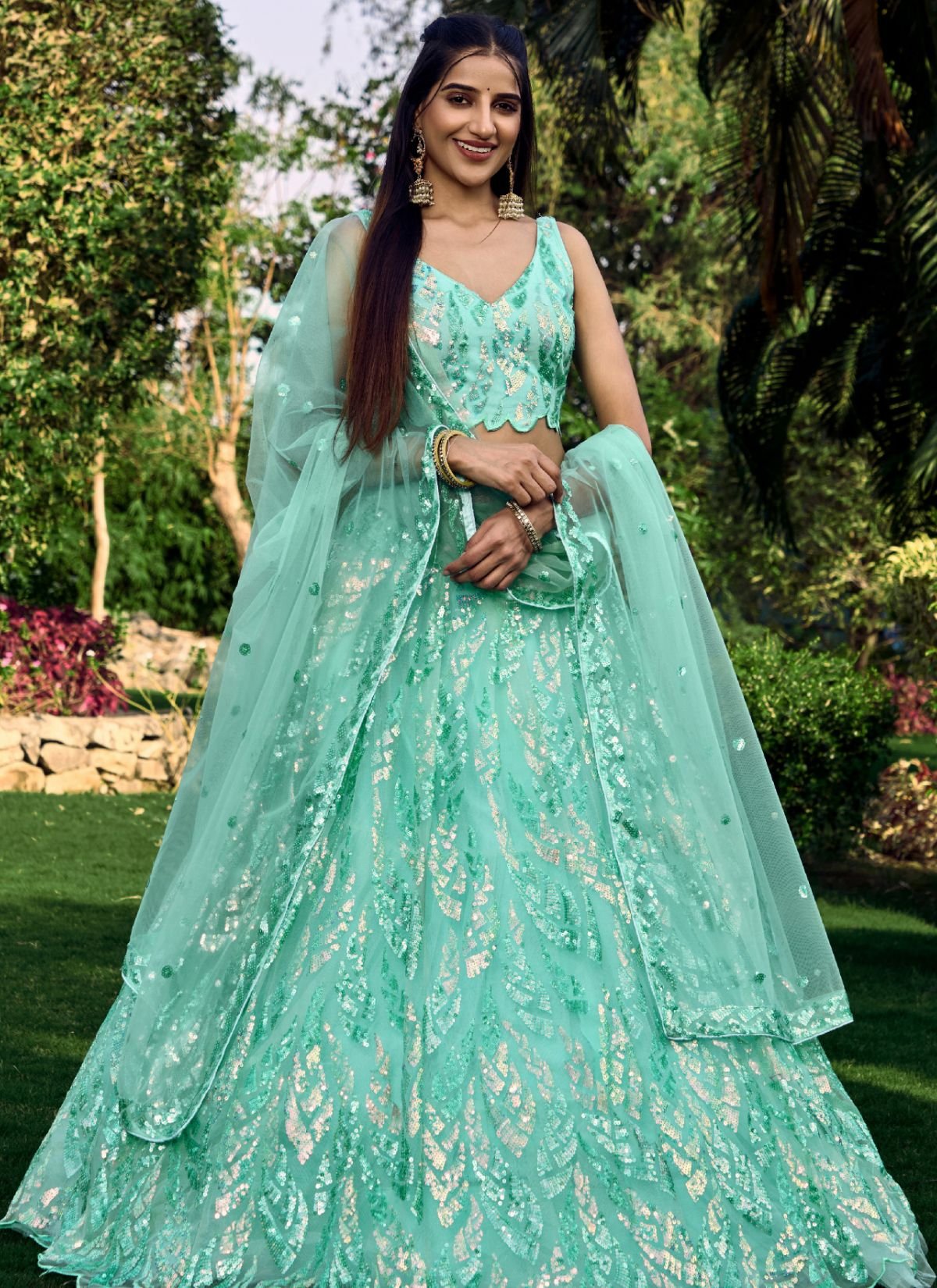 Turquoise Blue Premium Party Lehenga Set With Sequin Work
