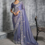 Pigeon Blue Premium Zari Tissue Silk Saree With Tassels