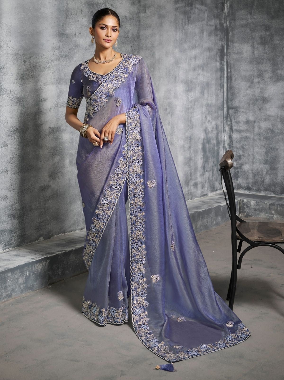Pigeon Blue Premium Zari Tissue Silk Saree With Tassels