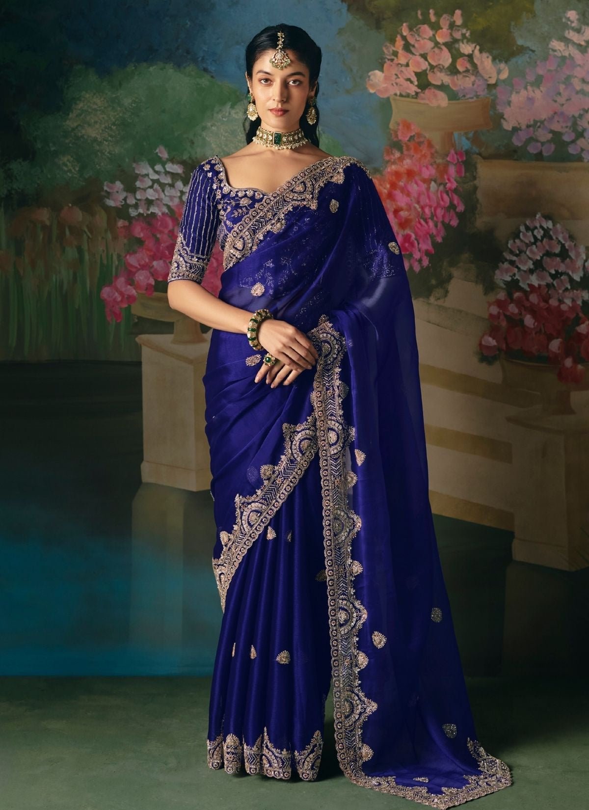 Royal Blue Wedding & Party Fancy Saree With Premium Blouse Piece