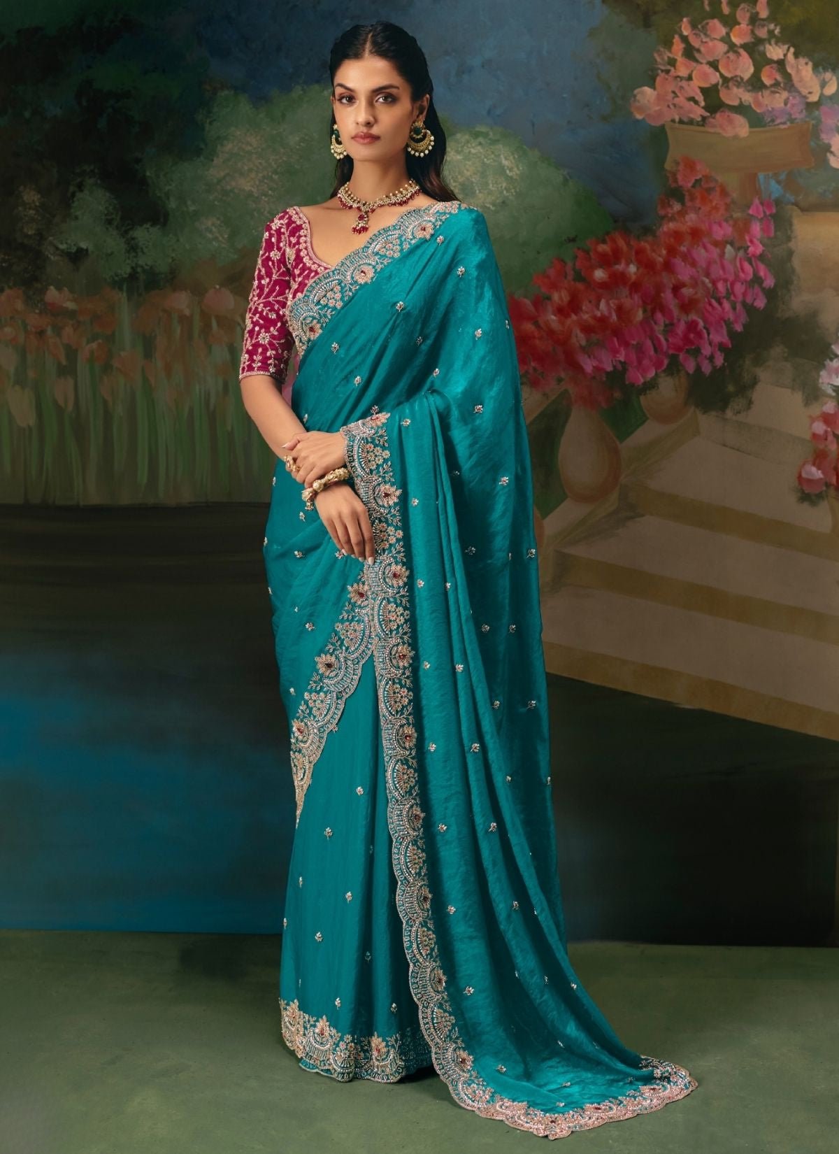 Olympic Blue Wedding & Party Fancy Saree With Premium Blouse Piece