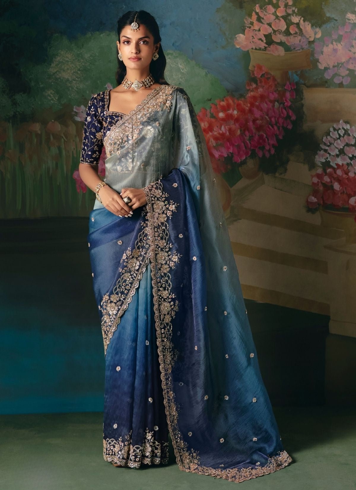 Midnight Ombre Blue Wedding & Party Fancy Saree With Premium Blouse Piece