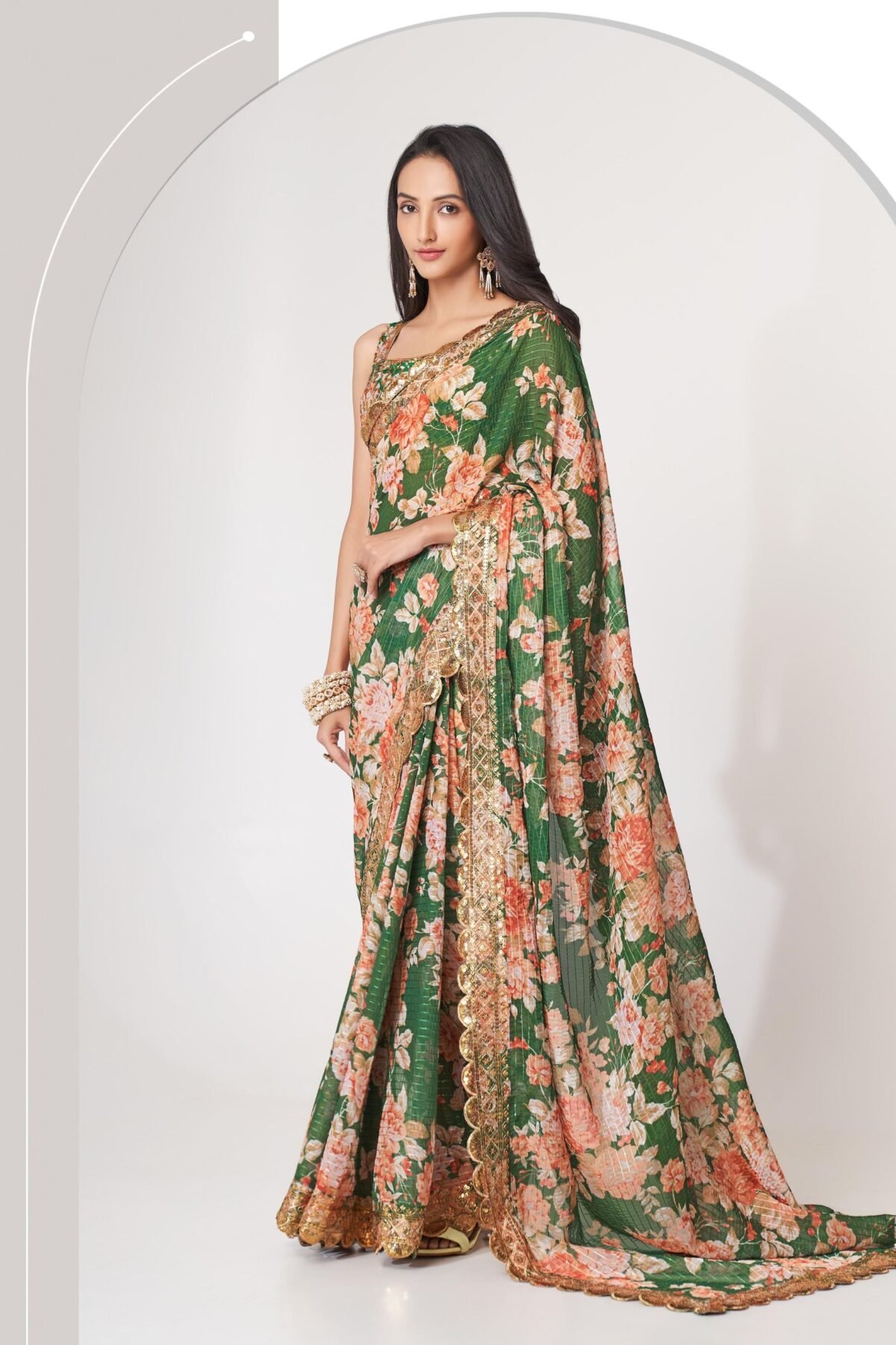 Bottle Green Organza Digital Silk Sequin Saree