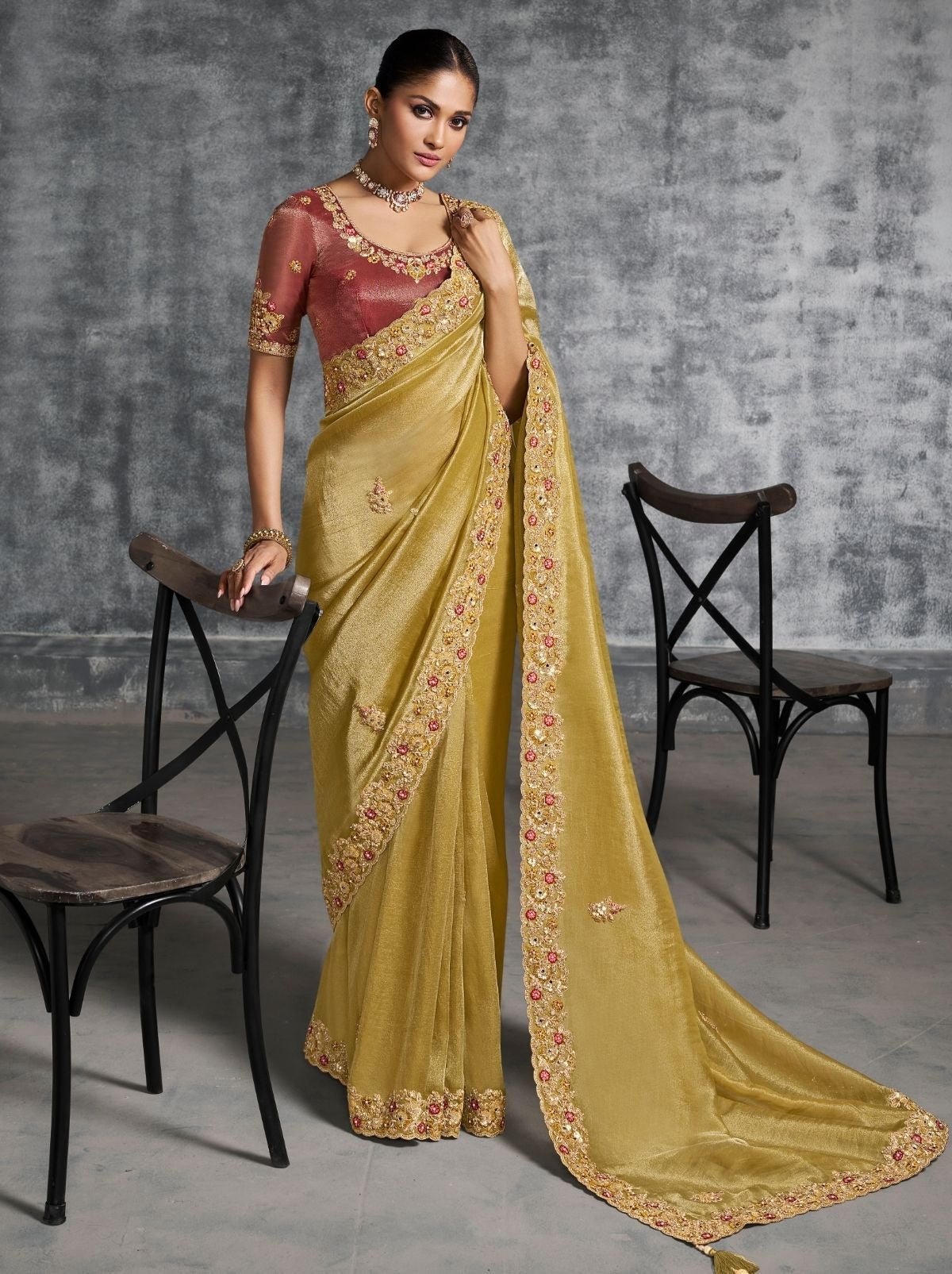 Gold Premium Zari Tissue Silk Saree With Blouse Piece