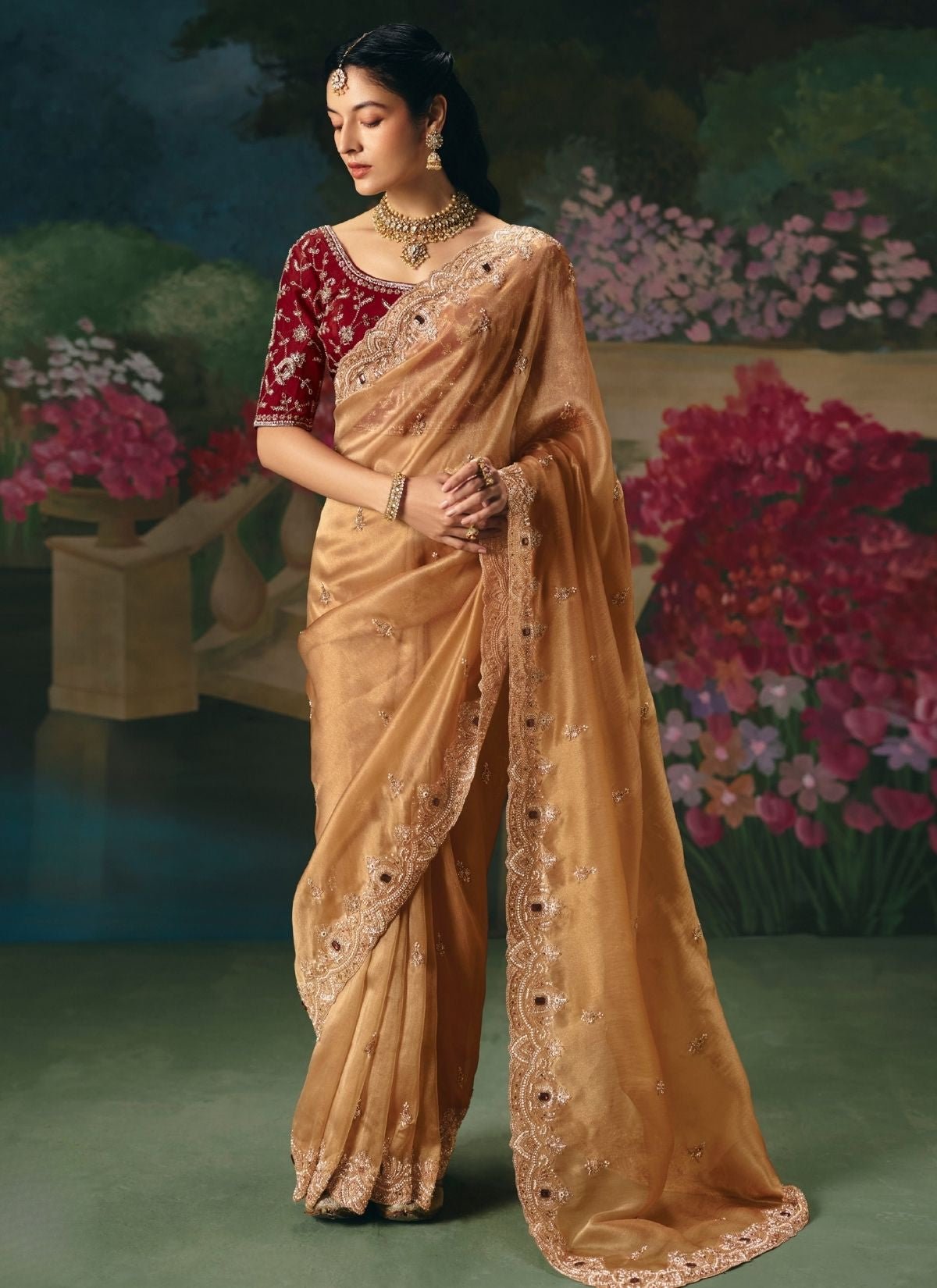 Bronze Wedding & Party Fancy Saree With Premium Blouse Piece