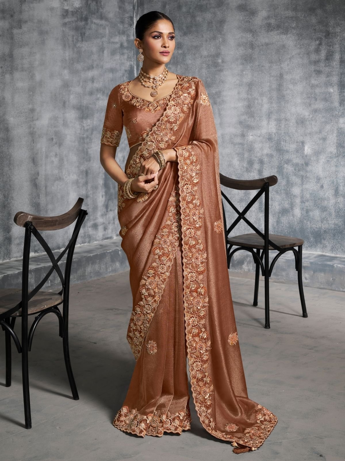 Copper Brown Premium Zari Tissue Silk Saree With Tassels