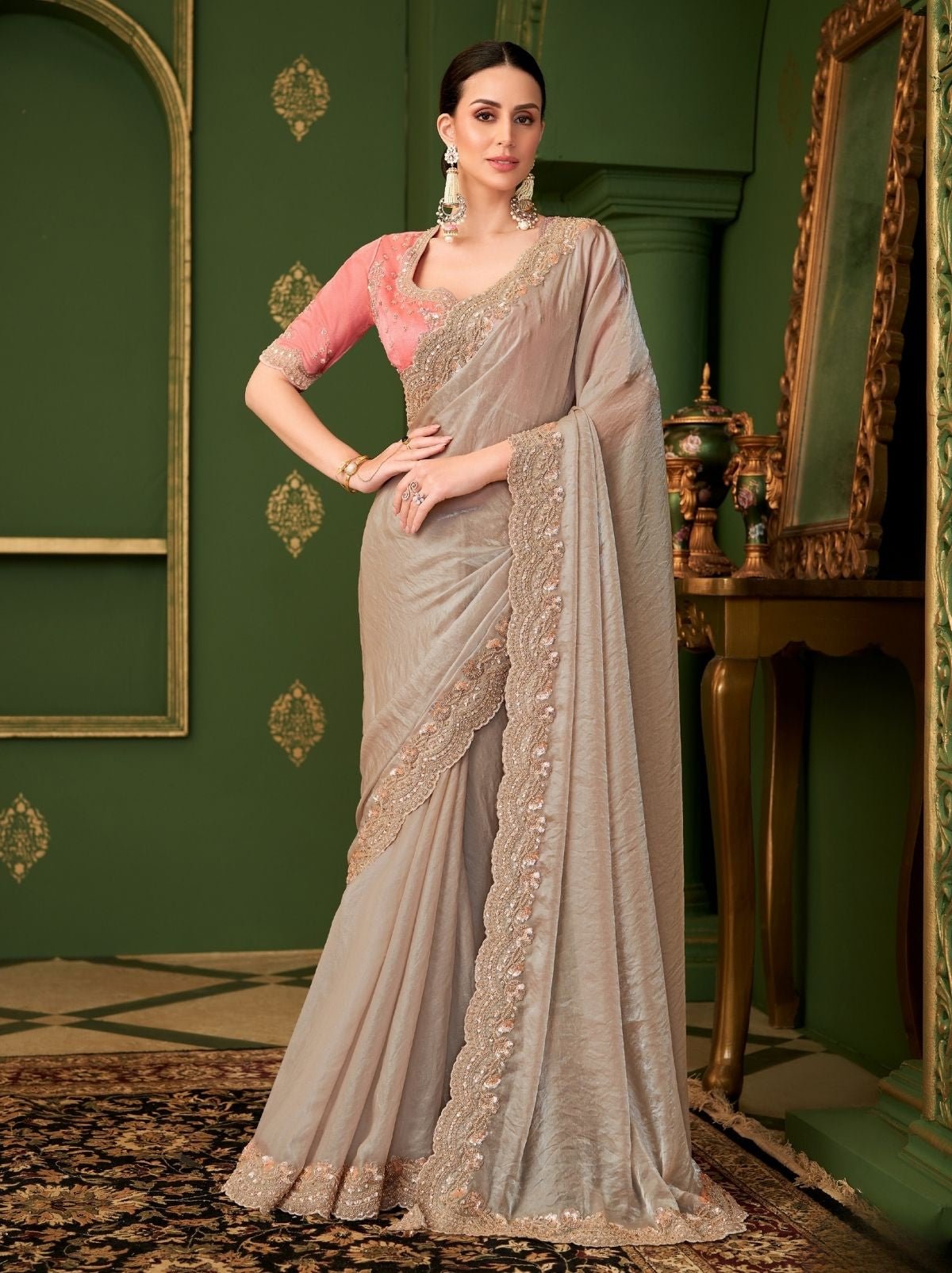 Light  Brown Regal Designer Georgette Silk Saree for Brides