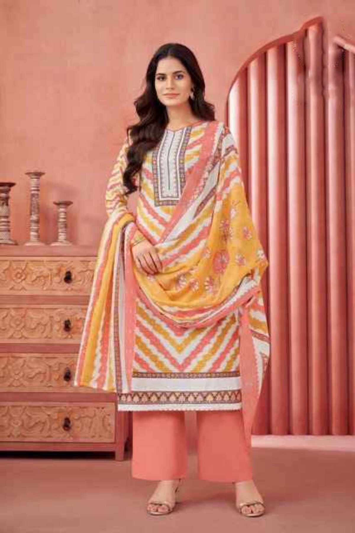 Peach salwar kameez pant dress with printed dupatta