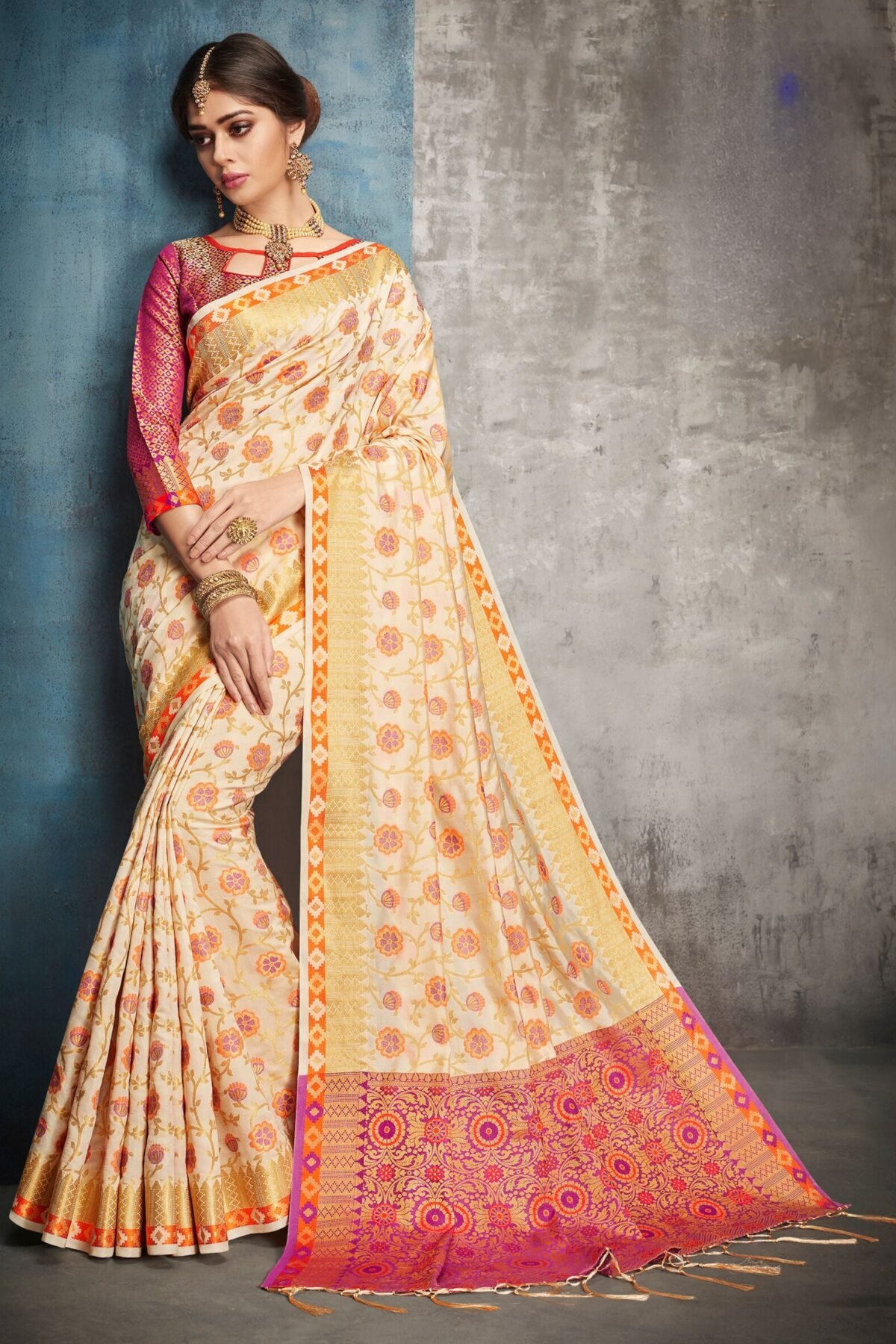 Cream Banarasi Silk Blend Festive Saree