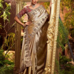 Metallic Cream Premium Silk Blend Saree With Gold Thread Work