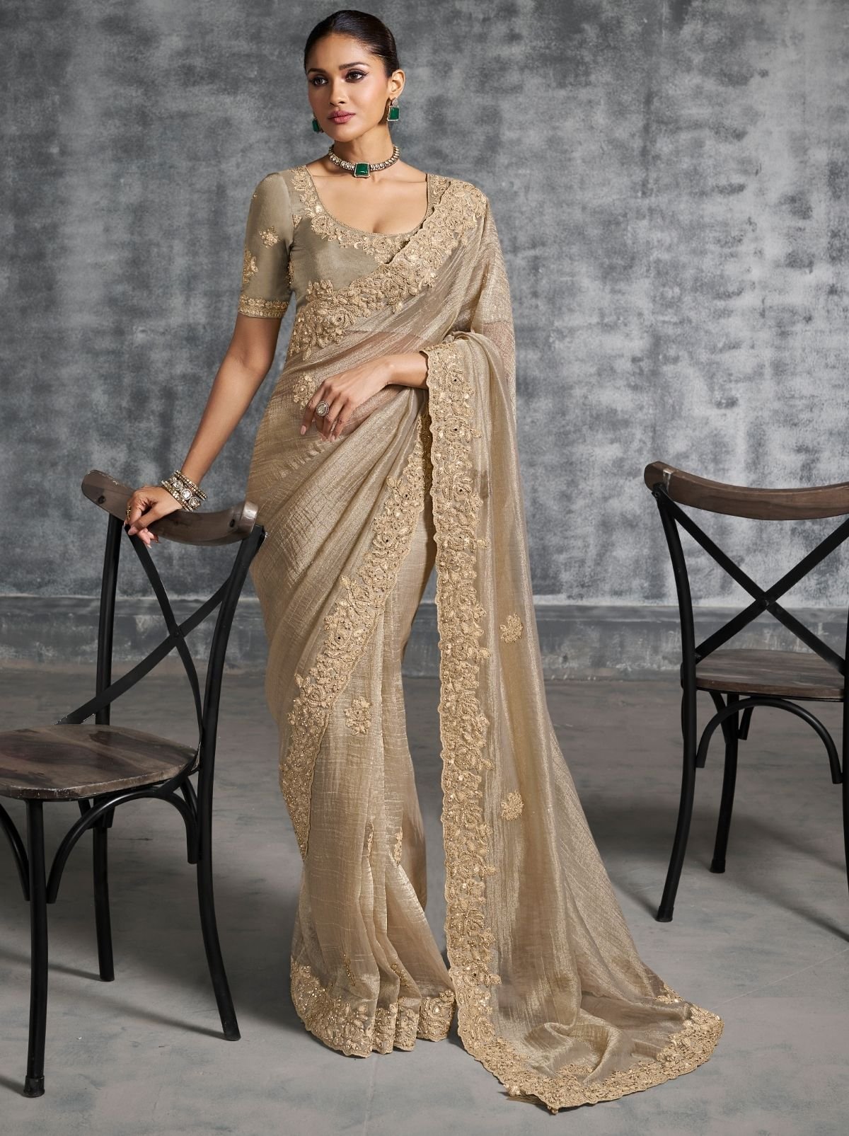 Metallic Cream Premium Zari Tissue Silk Saree With Blouse Piece