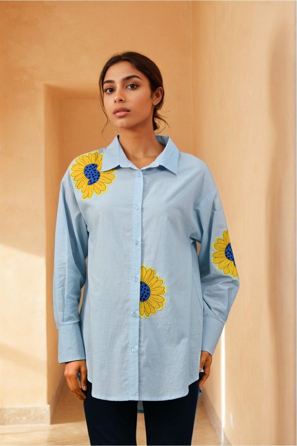 Icy Blue Sunflower Print Cotton Shirt