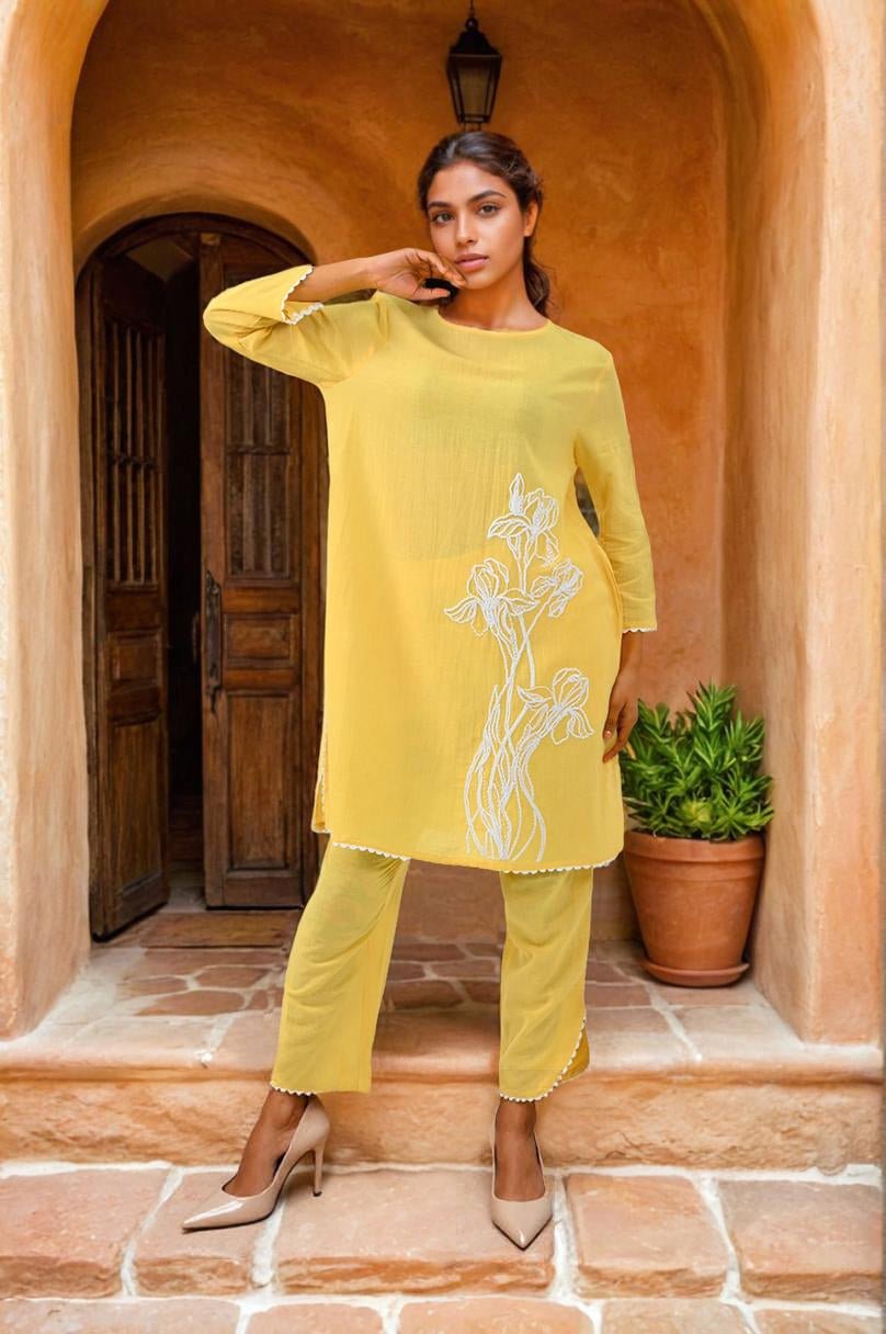 Sunshine Yellow Embroidered Cotton Co-ord Set