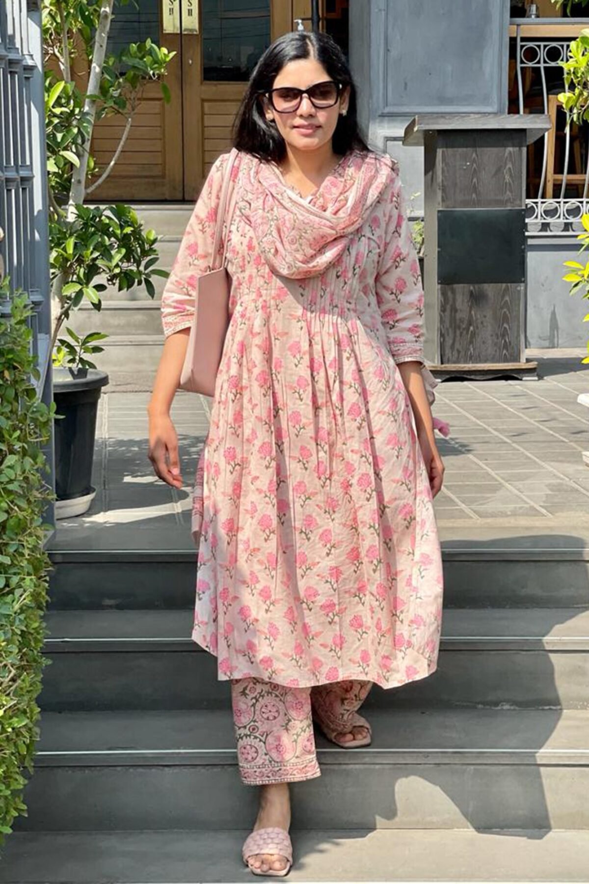 White & Pink Floral Handblock Suit Set