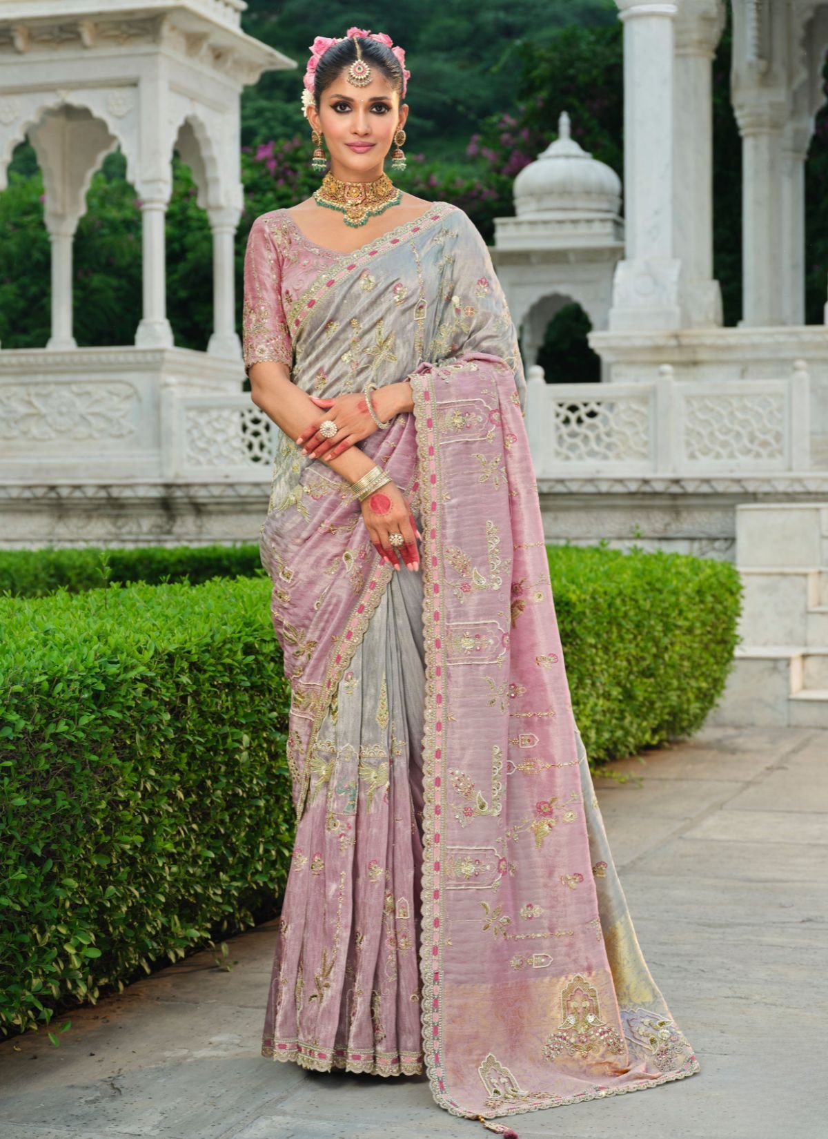 Dual-Tone Purple Designer Premium Silk Saree With Hand-Embroidery