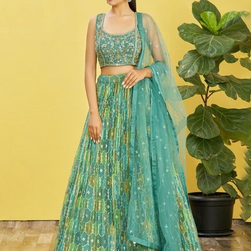 Green Real Mirror With Thread, Zari, Sequins Embroidered And Digital Print Work Lehenga Choli With Soft Net Dupatta