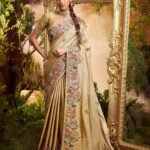 Golden Designer Silk Blend Saree With Crystal Work