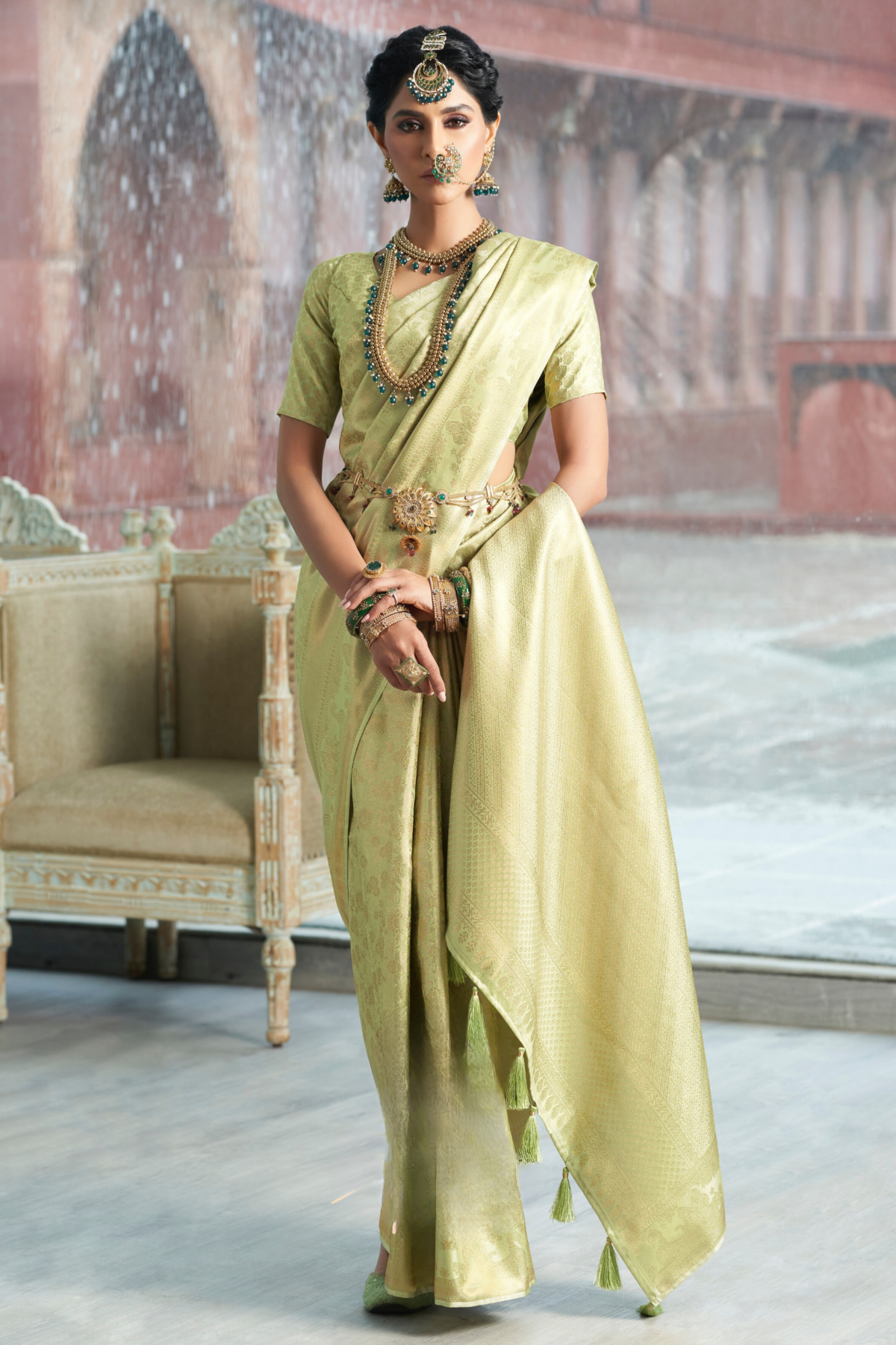 Tea Green Banarasi Silk Wedding Saree With Blouse Piece