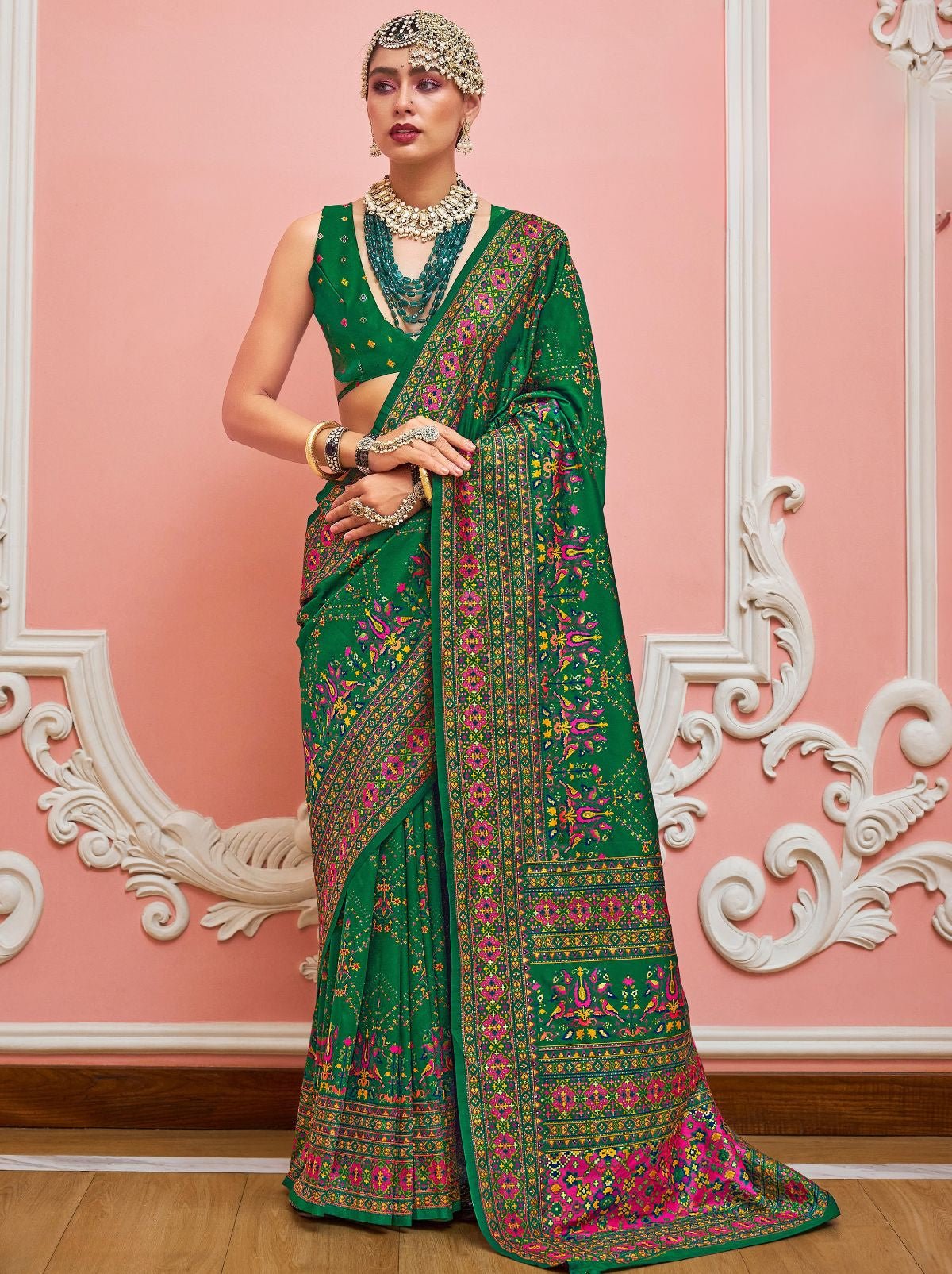 Forest Green Banarasi Silk Saree With Kashmiri Work