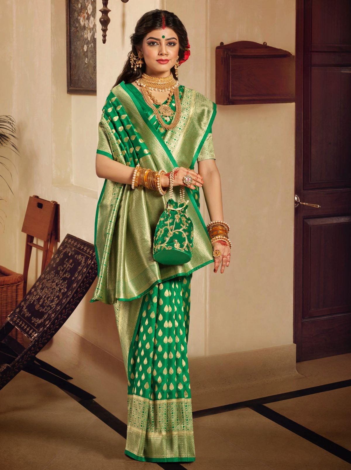 Forest Green Premium Banarasi Designer Saree