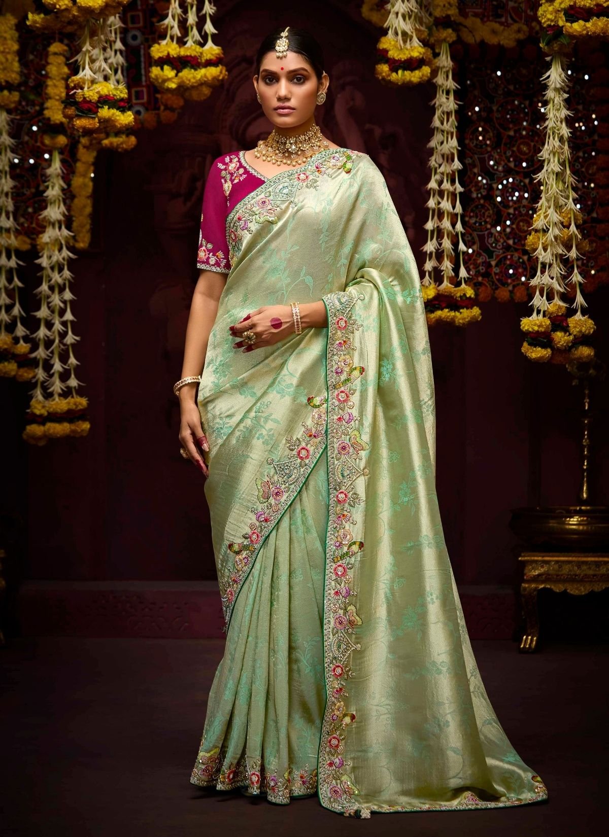 Pastel Green Designer Banarasi Kanjivaram Silk Saree for Wedding