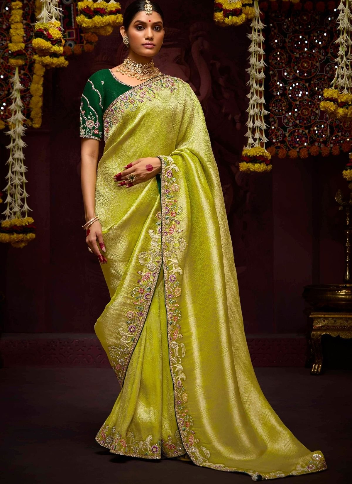 Apple Green Designer Banarasi Kanjivaram Silk Saree for Wedding