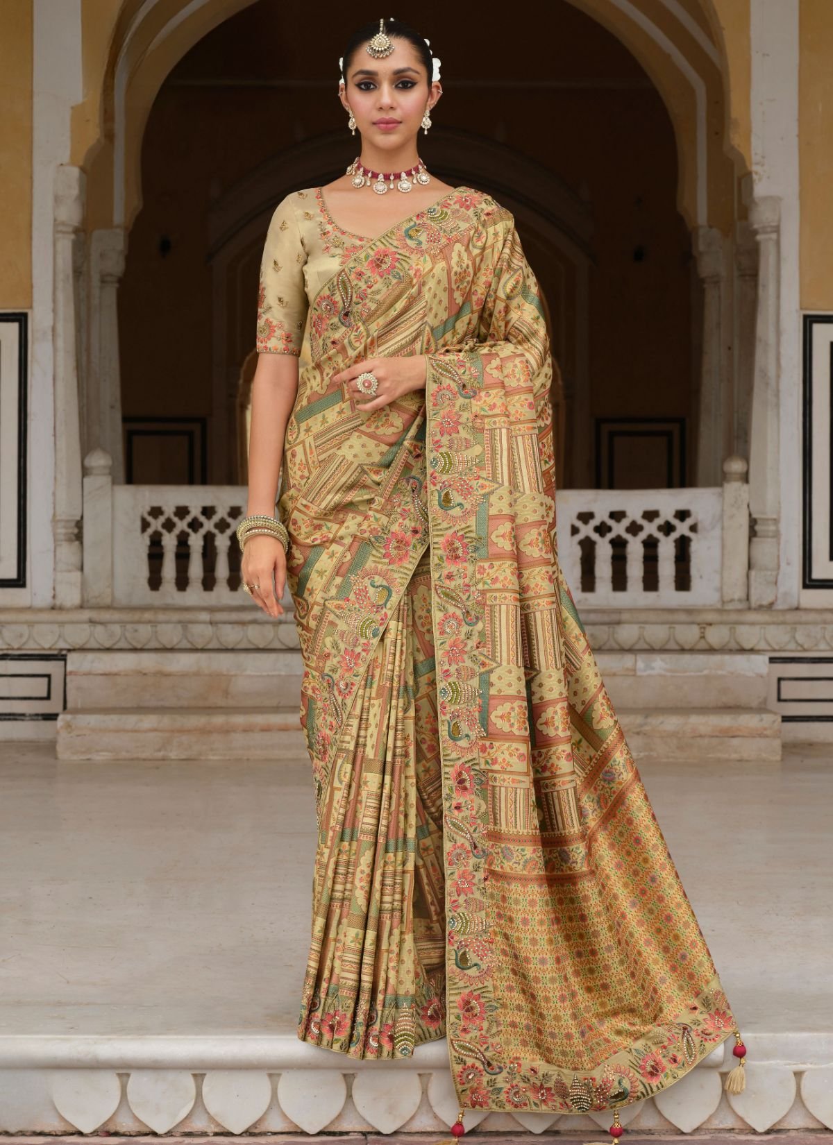 Pastel Moss Green Designer Premium Silk Saree With Hand-Embroidery