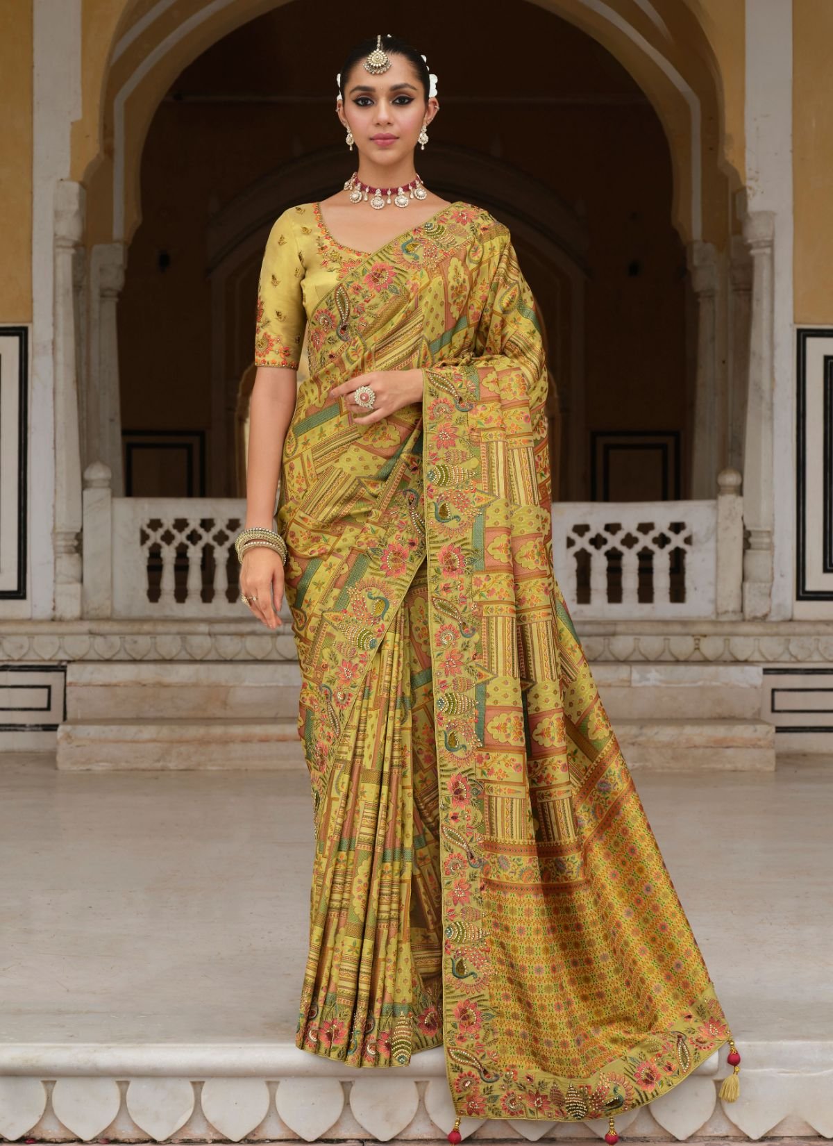Lime Green Designer Premium Silk Saree With Hand-Embroidery