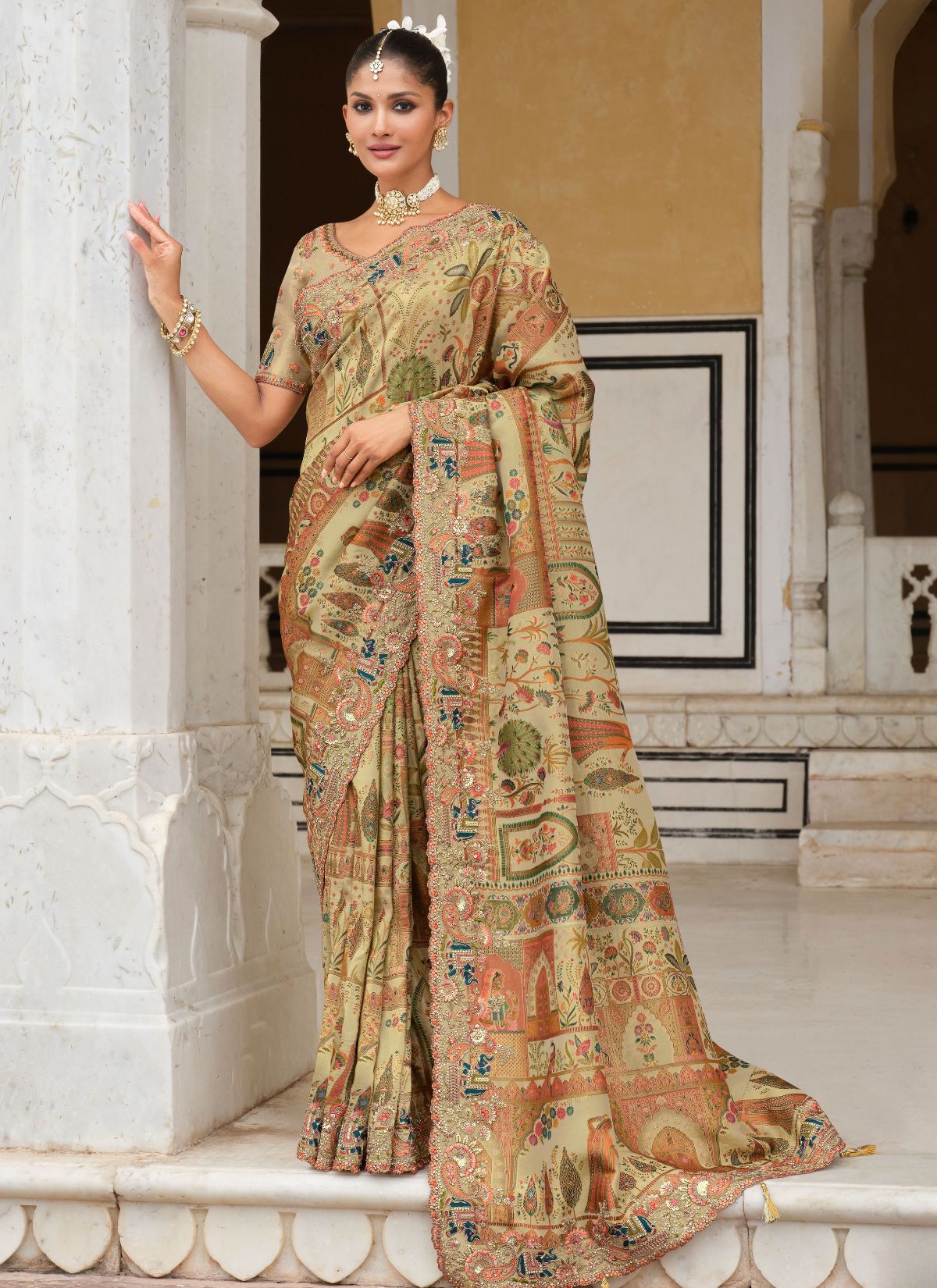 Pastel Olive Green Designer Premium Silk Saree With Heavy Work